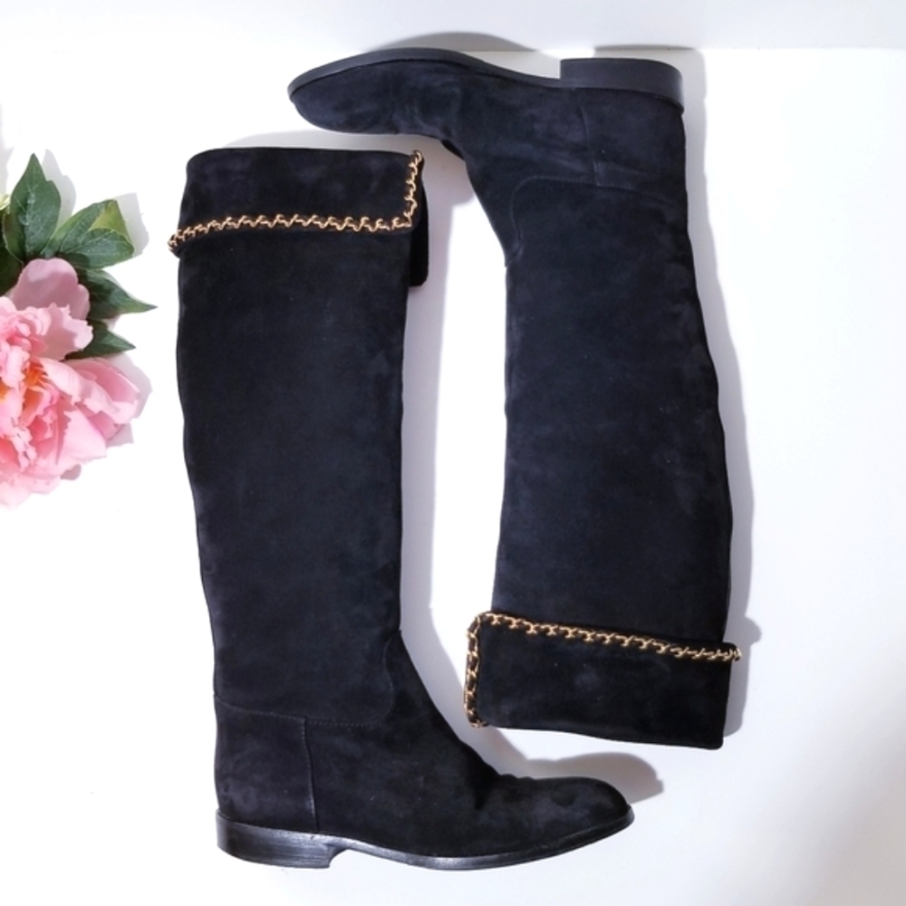 CHANEL Vintage Black Suede Leather & Signature Chain Tall Riding Boots 35
